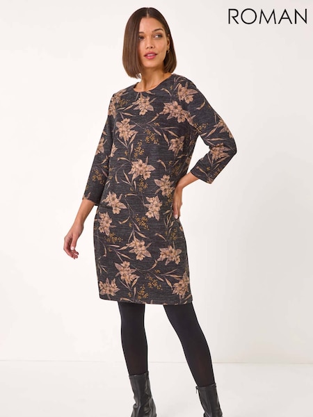 Roman Grey Floral Print Pocket Shift Stretch Dress (G89399) | €69