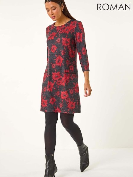 Roman Red Floral Print Pocket Shift Stretch Dress (G89704) | €56