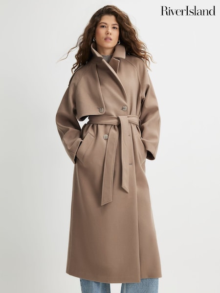 River Island Brown Faux Wool Longline Trench Coat (G89750) | $197