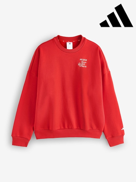 adidas Red 3 Stripe Studio Fleece Crew Neck Sweatshirt (G89778) | AED291