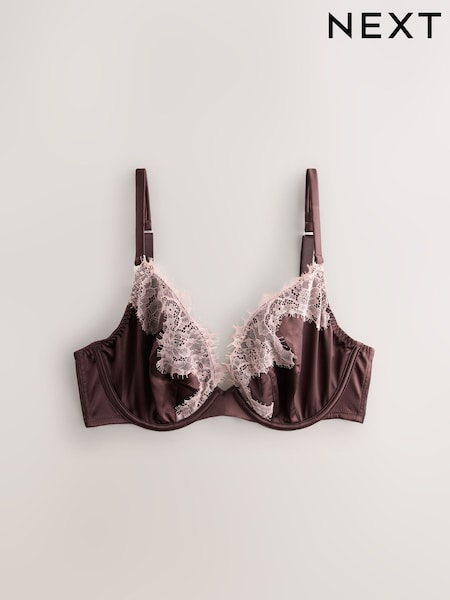 Chocolate Brown - High Shine Satin & Lace Bra