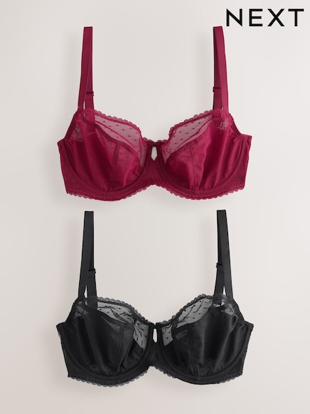Black/Red - Dd+ Spot Mesh Non Pad Balcony Bras 2 Pack