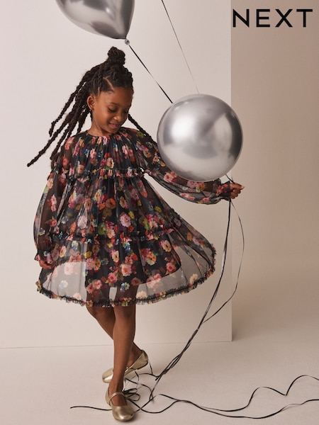 Black Floral - Long Sleeve Mesh Dress (3-16yrs)