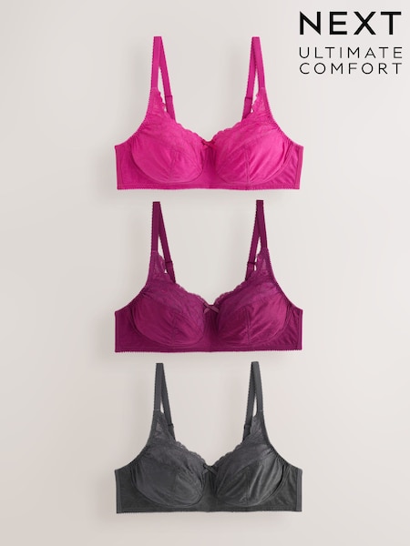 Grey/Purple/Pink - Total Support Full Cup Non-wired Lace Ultimate Comfort Bras 3 Pack