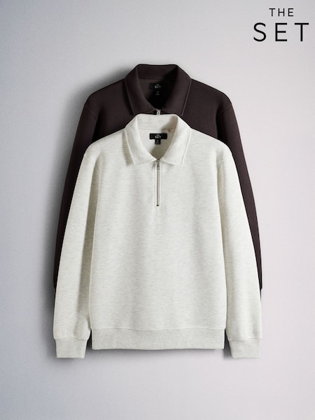 Kayumanggi/Krema - Regular The Set 2 Pack Pique Quater Zip Polo Jumpers