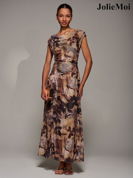 Jolie Moi Brown Asymmetric Draped Mesh Maxi Dress (G90122) | kr1 225