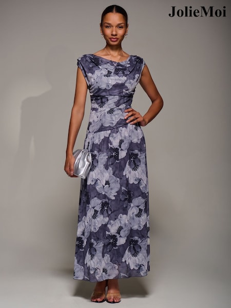 Jolie Moi Blue Asymmetric Draped Mesh Maxi Dress (G90125) | OMR45