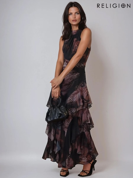 Religion Black Taylor maxi dress with full ruffle skirt in large Floral Trace print in dark reds (G90135) | €172.50