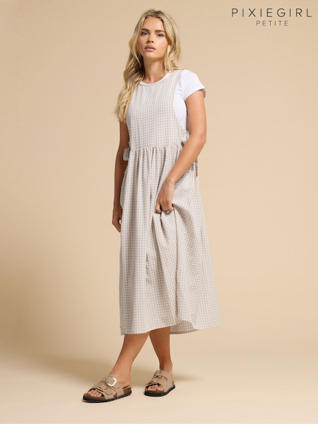 PixieGirl Petite Natural Gingham Tie Pinafore Dress (G90195) | AED227