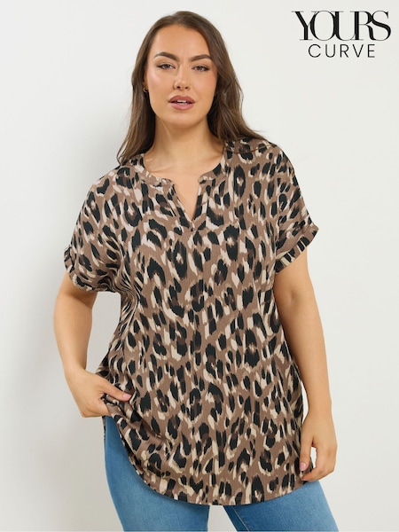 Yours Curve Brown Grown On Notch Neck Texture Top (G90197) | $55