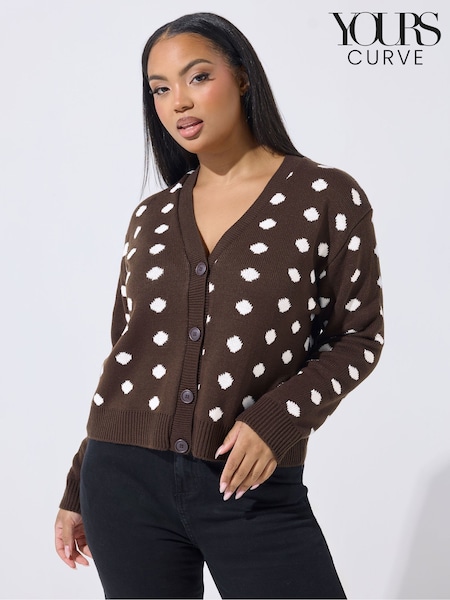 Yours Curve Brown Limited Polka Dot Knitted Cardigan (G90246) | AED181
