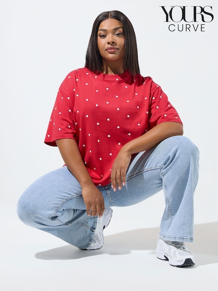 Yours Curve Red Limited Mini Heart Puff All Over Print Boxy T-Shirt (G90273) | AED116