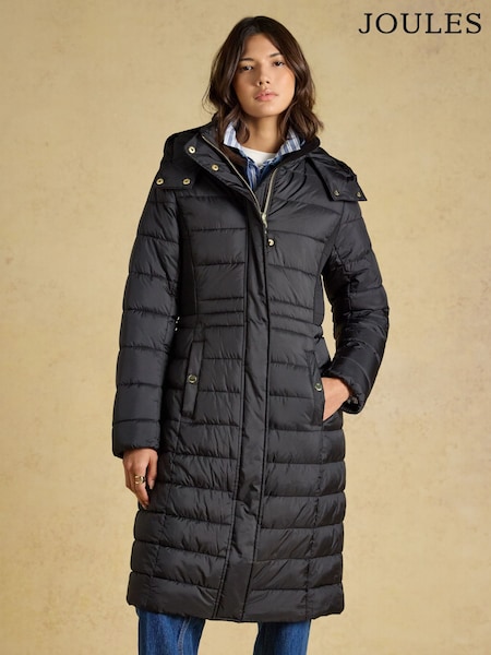 Black - Joules Windborough Showerproof Longline Padded Coat With Hood