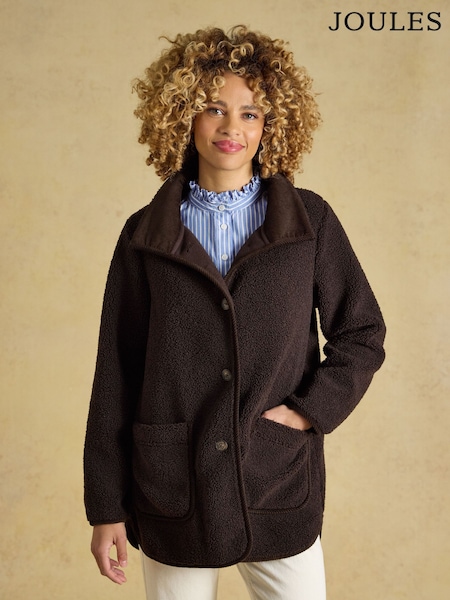 Chocolate Brown - Joules Sadie Longline Button Through Fleece Jacket