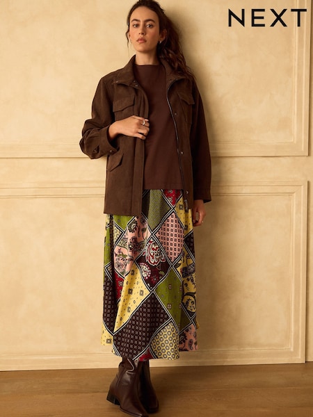Зеленый/желтый с принтом - Matte Satin Midi Skirt