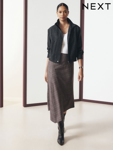 Neutral Check - Asymmetric Midi Skirt