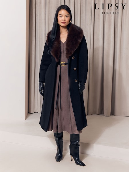 Black - Lipsy Fur Collar Longline Belted Coat