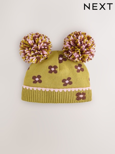 Verde cu flori - Double Pom Baby Beanie