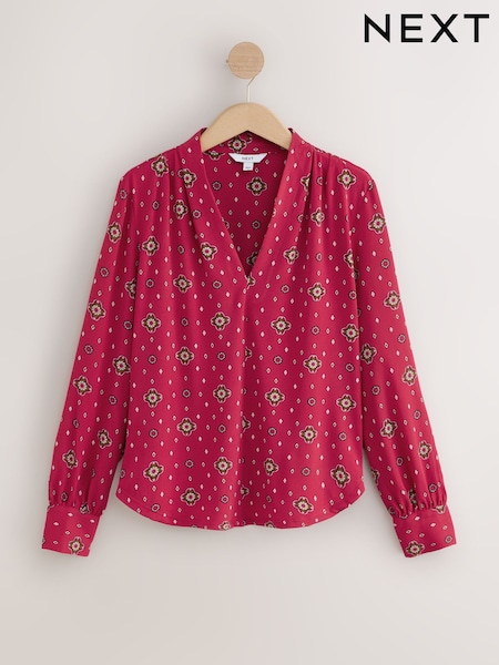 Red Print - Long Sleeved V-neck Cuff Top
