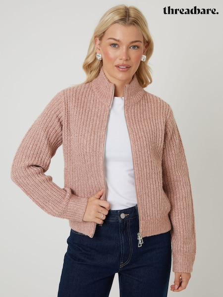 ורוד - Threadbare Zip Through Knitted Bomber Jacket (G92488) | 220₪