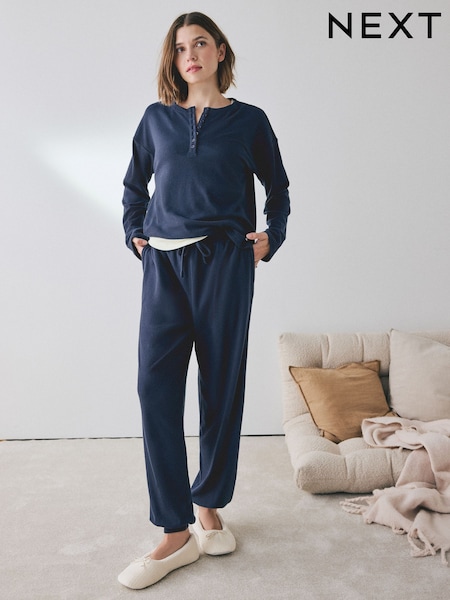 Navy - Cosy Waffle Long Sleeve Henley Pyjamas