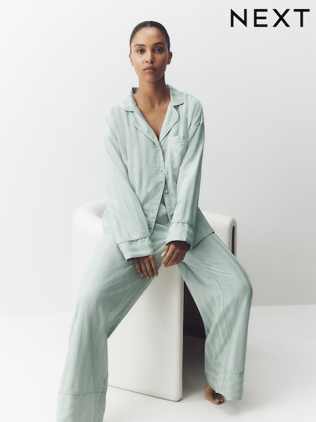 Sage Green Shadow Stripe - Studio Button Through Pyjamas