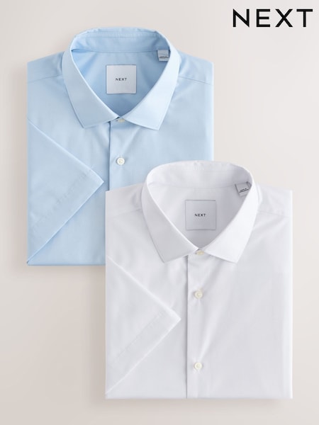 White/Blue - Short Sleeve Easy Care Long Sleeve Single Cuff Smart Shirts 2 Pack