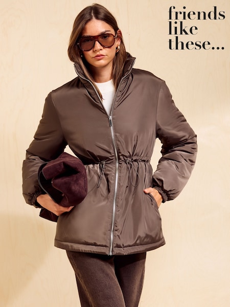 Mocha Brown - Friends Like These Drawstring Padded Coat