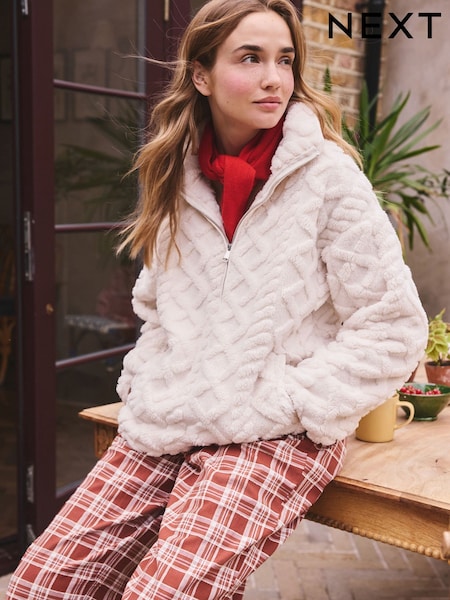 Cream - Borg Half Zip Chunky Cable Fleece