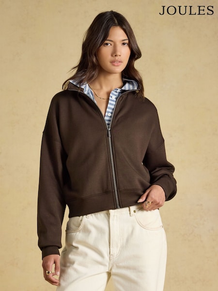 Chocolate Brown - Joules Soft Viscose Blend Full Zip Funnel Neck Sweatshirt