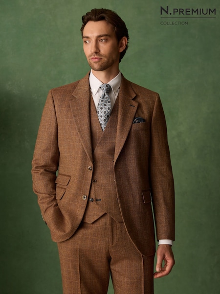 Rust Brown - Regular N. Premium Tailored Fit Wool Blend Trimmed Check Suit Jacket