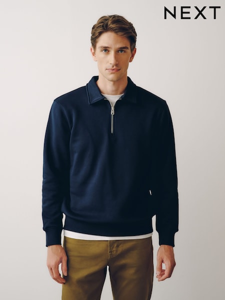 Bleu marine - Regular Cotton Rich Jersey Zip Neck Polo Sweatshirt