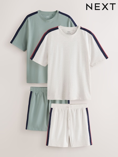 Green/Grey Side Stripe - Regular Stripe Short Sleeve Jersey Pyjamas Set 2 Pack