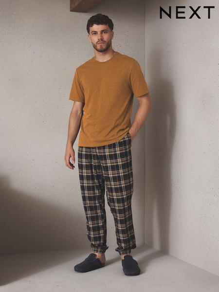 Okrová žlutá textura - Regular Short Sleeve Cosy Check Jersey Pyjamas Set