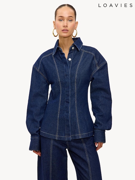 LOAVIES Blue Under Falling Leaves Tailored Button Up Denim Blouse (G93841) | AED314