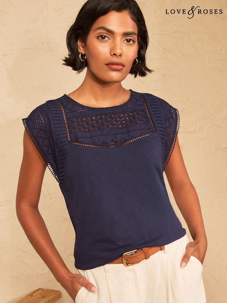 כחול כהה - Love & Roses Broderie Yoke Jersey T-shirt