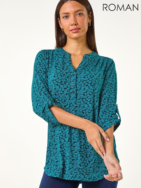 Roman Blue Leaf Print Button Detail Shirt (G94028) | kr857