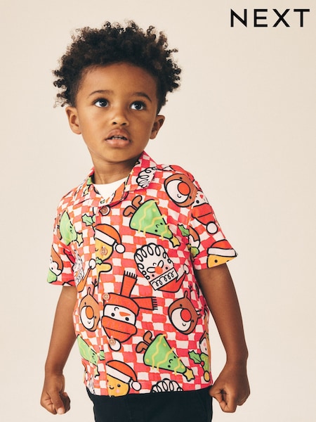 Red/White Checkerboard - Short Sleeve Revere Collar Christmas Shirt (3mths-10yrs)