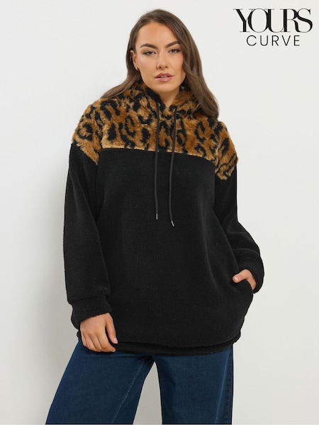Yours Curve Black Animal Block Teddy Hoodie (G94114) | €54