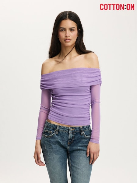 Cotton On Ashley Off Shoulder Mesh Long Sleeve Top (G94229) | 142 LEI