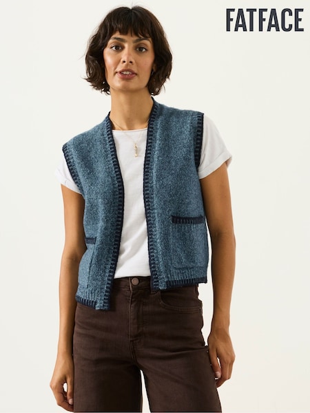 Navy - Fatface Knitted Edge To Edge Sleeveless Cardigan