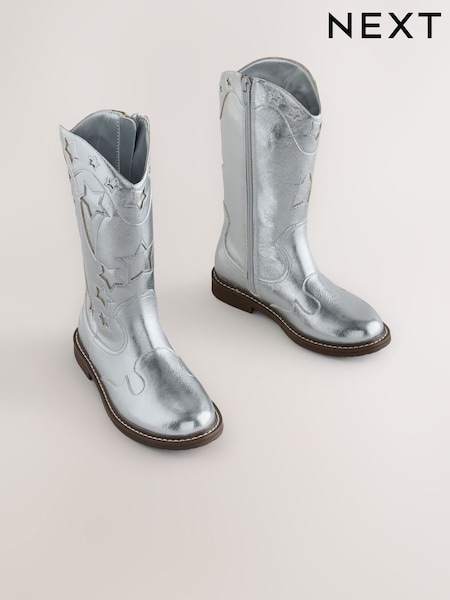 Silver - Western Knee High Boots