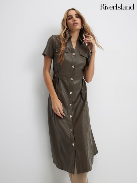 River Island Green Faux Leather Button Midi Shirt Dress (G94356) | $154