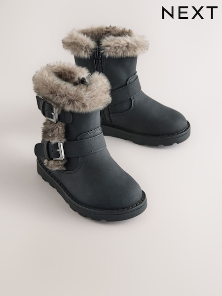 Black - Fur Lined Buckle Boots