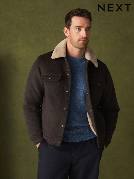 Brown - Regular Borg Lined Trucker Jacket With Wool