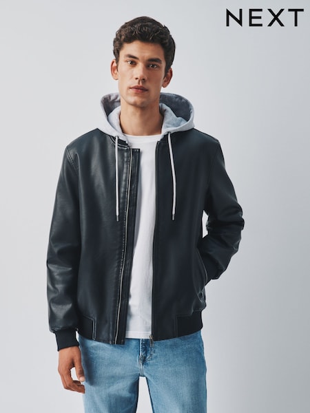 Black - Regular Faux Leather Mock Hoodie Jacket