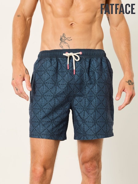 Mid Blue - Regular Fatface Geo Printed Swim Shorts