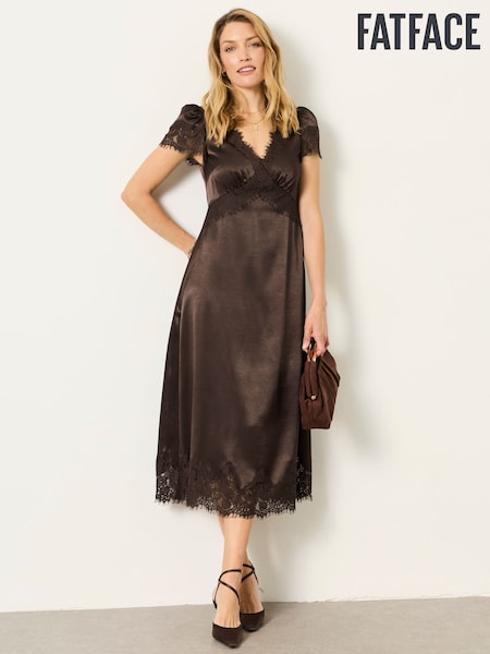 Marrón chocolate - Fatface Lace Trim Midi Dress