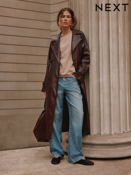 Chokoladebrun - Faux Leather Croc Belted Trench Jackets