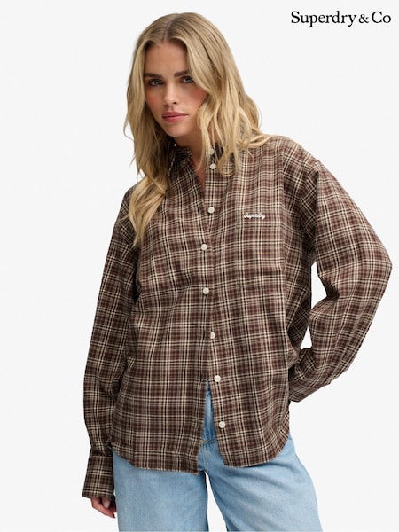 Hnědá - Kostkovaná flanelová volnější košile Superdry